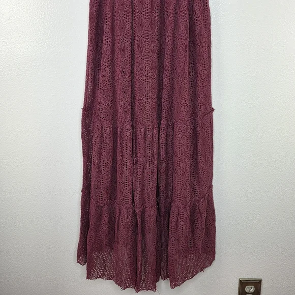 Willow & Root Earth Red Crochet V Neck Adjustible Strap Tiered Maxi Dress Length - Picture 11 of 15